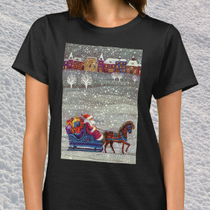 T-shirt Natal Antigo, Papai Noel em um trenó aberto puxado