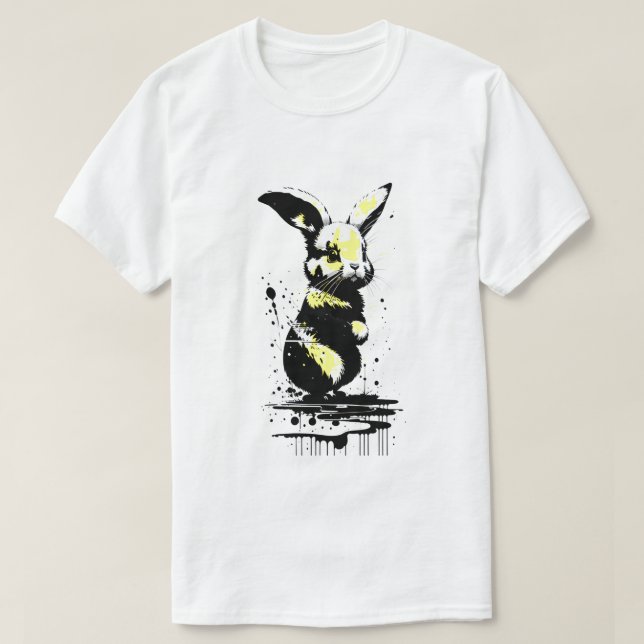 T-Shirt Natal de Coelhinho da Páscoa preto e amare (Frente do Design)