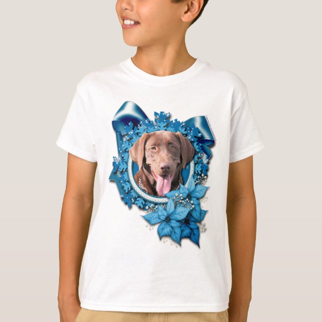 T-shirt Natal - Floco de neve azul - Labrador - Chocolate (Frente)