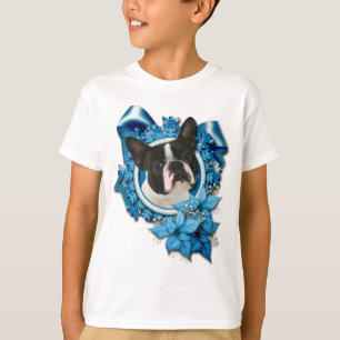 T-shirt Natal - flocos de neve azuis - Boston Terrier