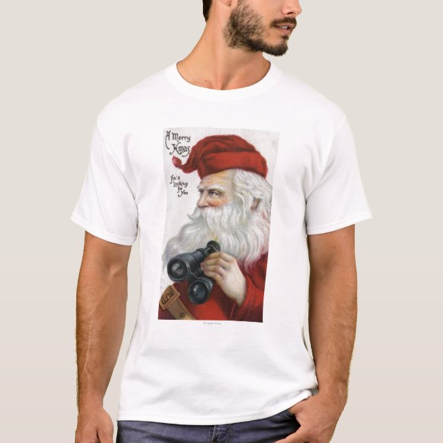 T-shirt Natal GreetingSanta com binóculos (Frente)