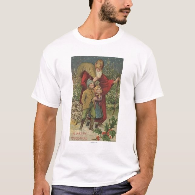 T-shirt Natal GreetingSanta que anda com miúdos (Frente)
