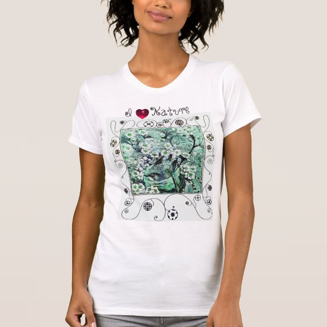 T-SHIRT NESTE DE PÁSSAROS, FLORES DE PRIMAVERA BRANCA VERD (Frente)