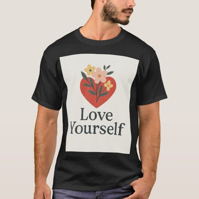 T-shirt noir "Love Yourself" avec motif cœur et fl (Frente)