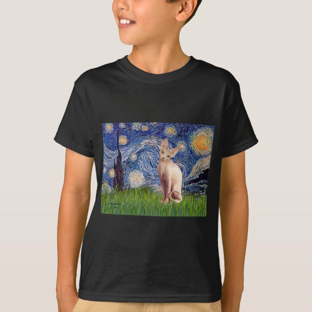 T-shirt Noite Estrelada - Gato Sphynx Creme (Frente)