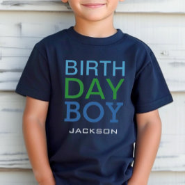 T-shirt Nome de Menino de Aniversário Azul e Verde em Negr