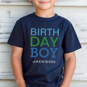 T-shirt Nome de Menino de Aniversário Azul e Verde em Negr