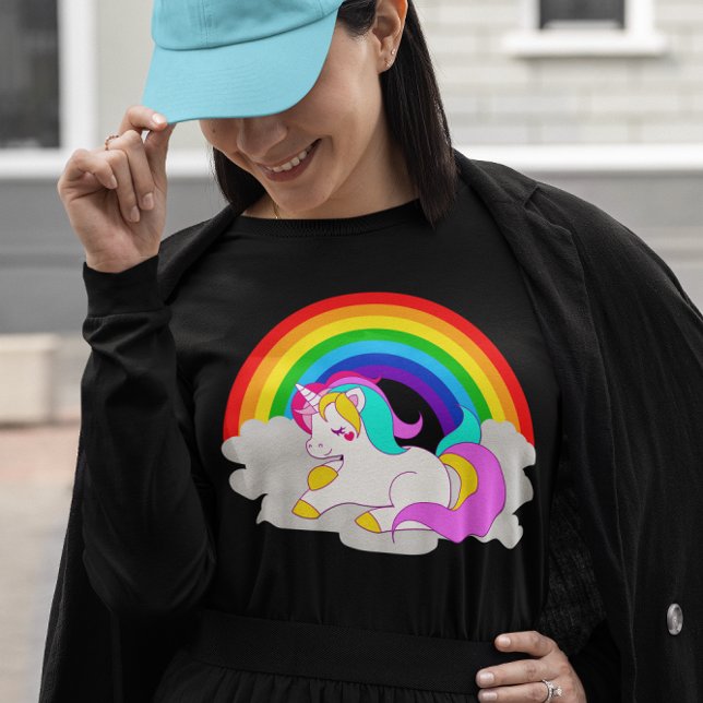 T-shirt Nuvem Branca Arco-Íris-Íris Longa Folha de Mulhere (White Unicorn Cloud Rainbow Women's Long Sleeve T-Shirt)