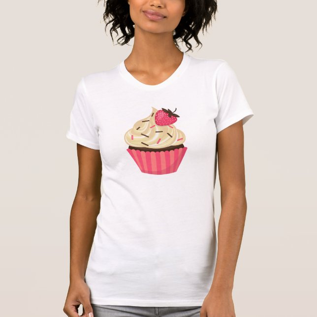 T-shirt O rosa bonito polvilha o cupcake da morango (Frente)