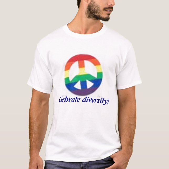 T-shirt o sinal de paz do arco-íris, comemora a (Frente)