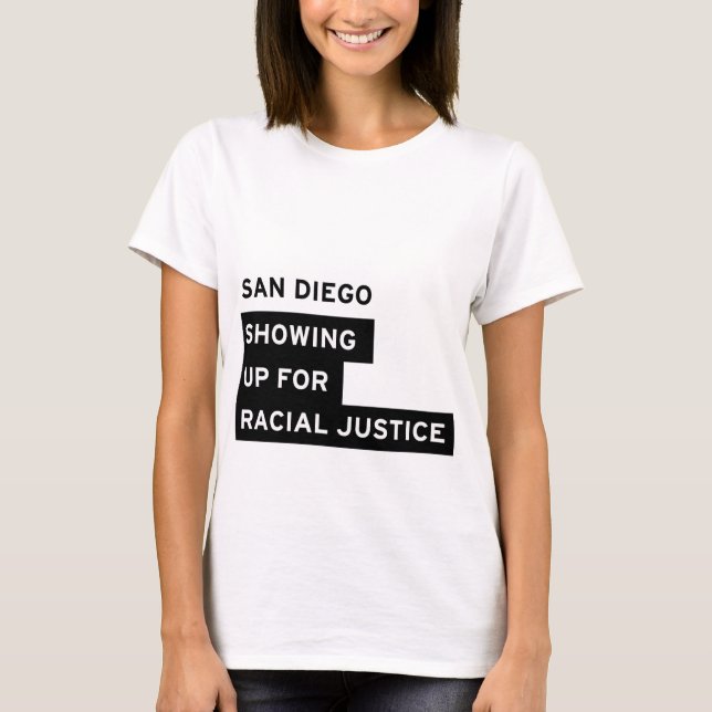 T-shirt O T de mulheres brancas de SURJ San Diego (Frente)