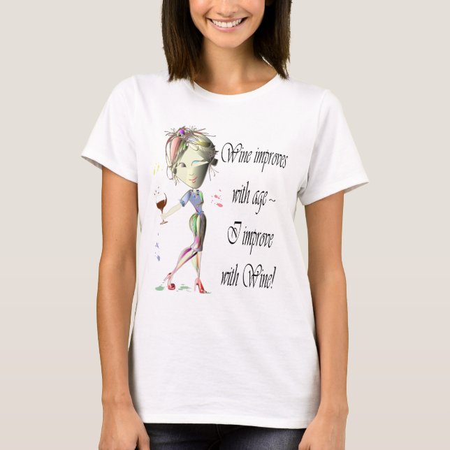 T-shirt O vinho melhora com idade, as mulheres cómicos e o (Frente)