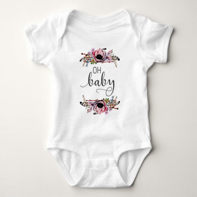 T-shirt Oh Baby | Boho Floral Menina Bebê Plumas Moldura T (Frente)
