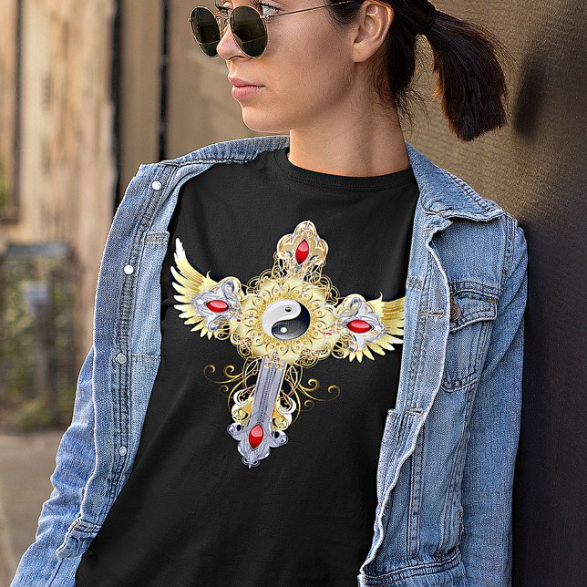 T-Shirt ornamentado Dourado e Silver Yin Yang Cros (Criador carregado)