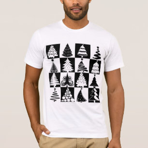 T-shirt Padrão De Feriado De Árvore De Natal Preta E Branc