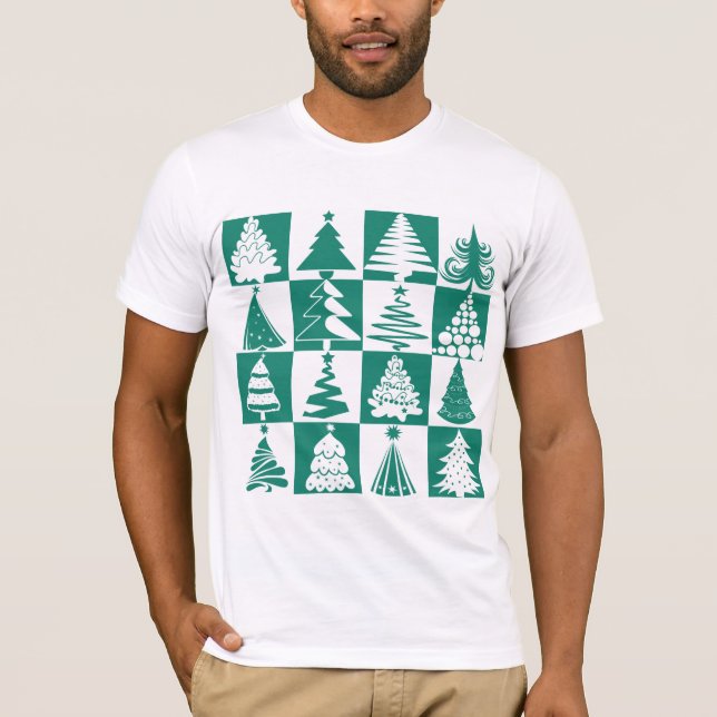 T-shirt Padrão De Férias De Árvore De Natal Verde E Branco (Frente)