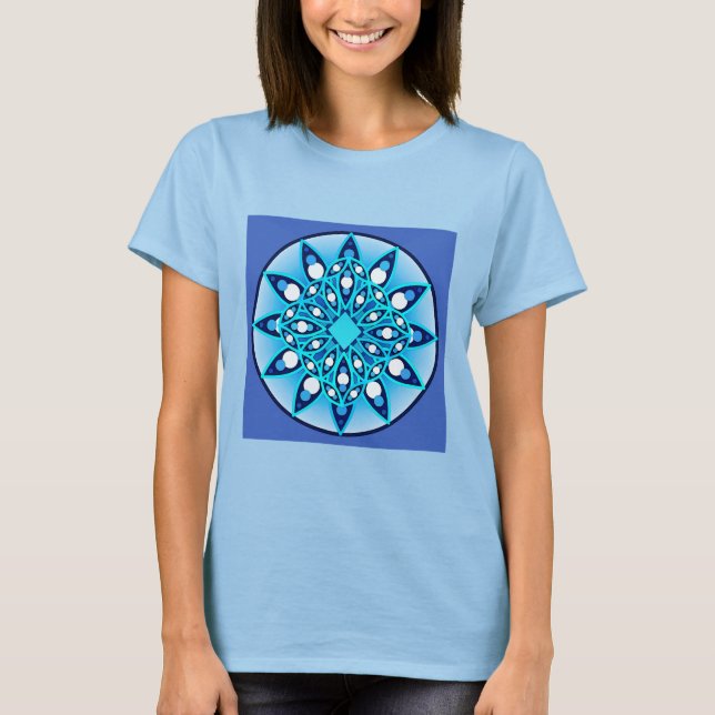 T-shirt Padrão de mandala em turquesa, cobalto e branco (Frente)