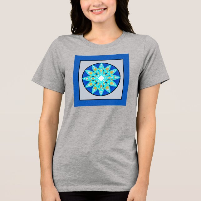 T-shirt padrão Mandala em cobalto, cinza e turquesa (Frente)