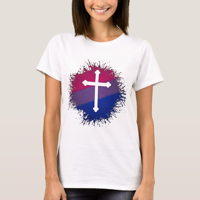 T-shirt Paint Splatter Orgulho Bissexual Cruz Cristã (Frente)