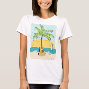 T-shirt Palmeira de Guitar ao Pôr do Sol na Praia