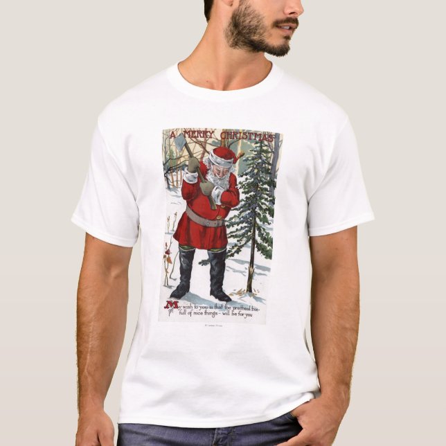 T-shirt Papai noel que reduz a árvore de Natal (Frente)