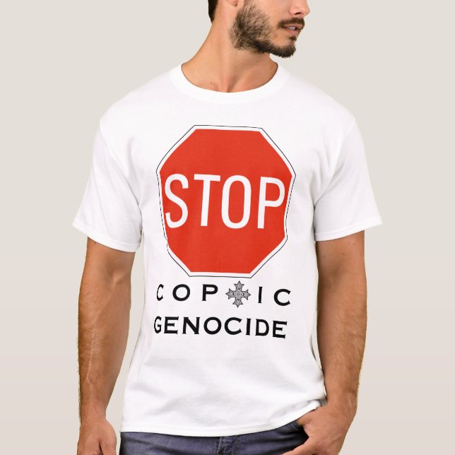 T-SHIRT PARAR GENOCÍDIO COPTICO (Frente)