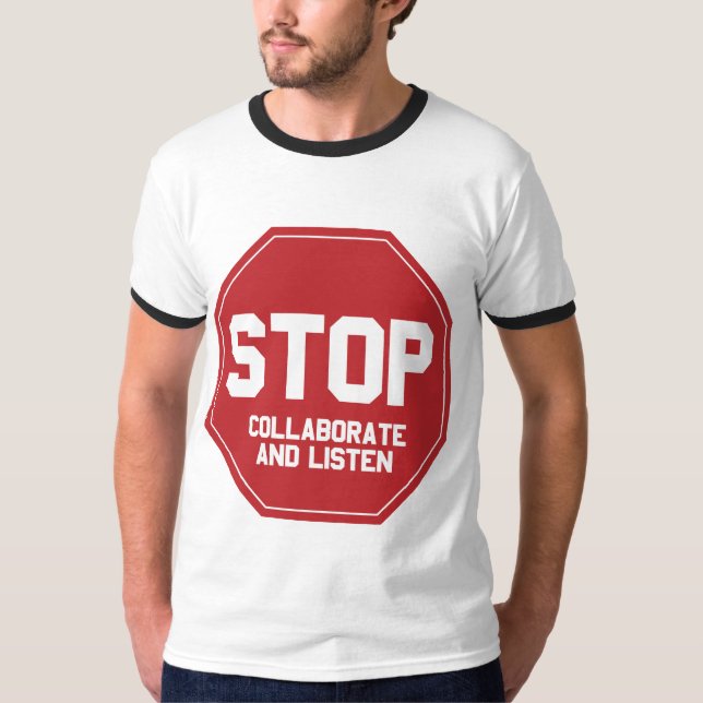T-shirt pare colaboram e escutam (Frente)