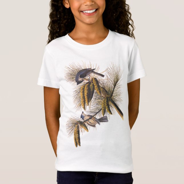 T-shirt Pássaros Audubon com Titmouse Detido com Pinecones (Frente)