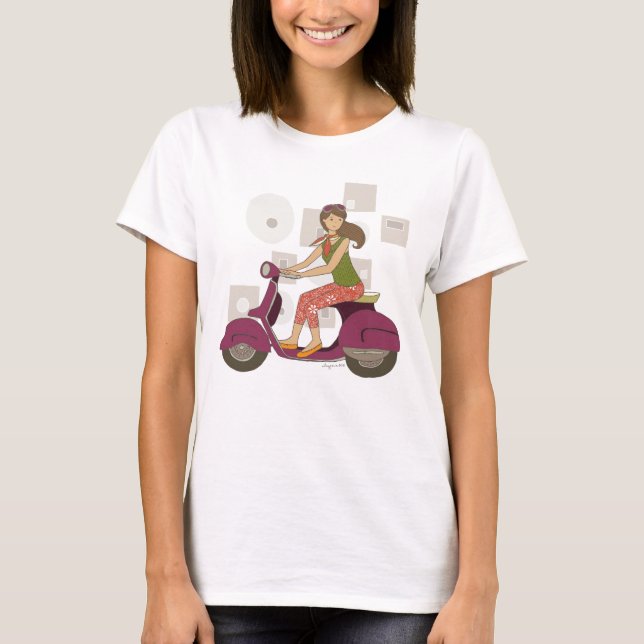 T-shirt Patinete Irmã Cute Girl em uma moto roxa (Frente)