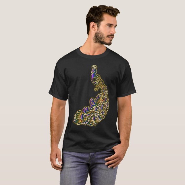 T-shirt Pavão Dourado e roxo que cintila brilhantemente (Frente Completa)