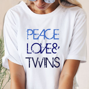 T-shirt Paz, Amor e Gêmeos Texto Ombro Azul