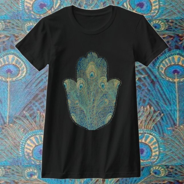 T-shirt Pena de Pavão Hamsa Judaica Boho (Criador carregado)