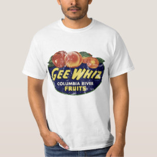 T-shirt Pêssegos da etiqueta da fruta do vintage, Gee Whiz