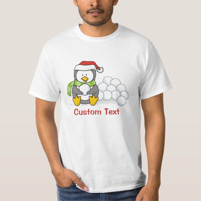 T-shirt Pinguim de Natal sentado com bolas de neve (Frente)