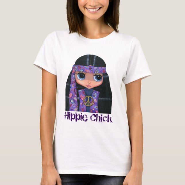 T-shirt Pintinho do Hippie no sinal de paz roxo dos anos (Frente)