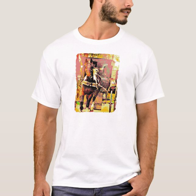 T-shirt Pinto Amish Horse de Arte de 8 bits e Buggy (Frente)