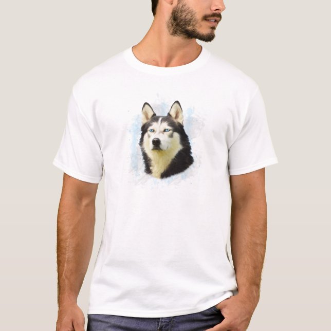 T-shirt Pintura em Aquarela de Cachorro Husky Siberiano (Frente)