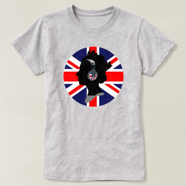 T-SHIRT POP CULTURE QUEEN ELIZABETH COM FONES DE OUVIDO DE (Frente do Design)