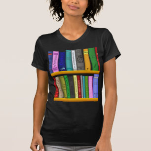 T-shirt prateleira livros biblioteca leitura
