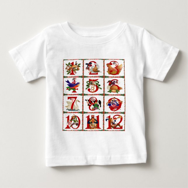 T-shirt Presentes de Quilt Impresso dos 12 Dias de Natal (Frente)
