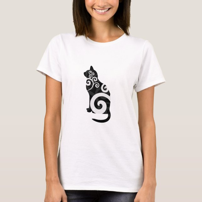 T-shirt Preto do gato de Swirly (Frente)