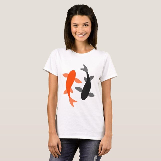 T-shirt Preto e laranja dos peixes do zen (Frente Completa)
