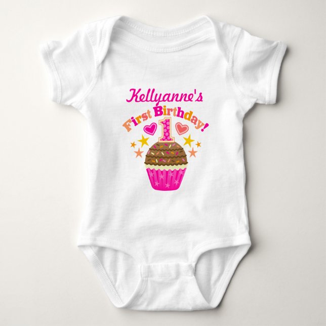 T-shirt Primeiro Cupcake de Aniversário (Meninas) (Frente)