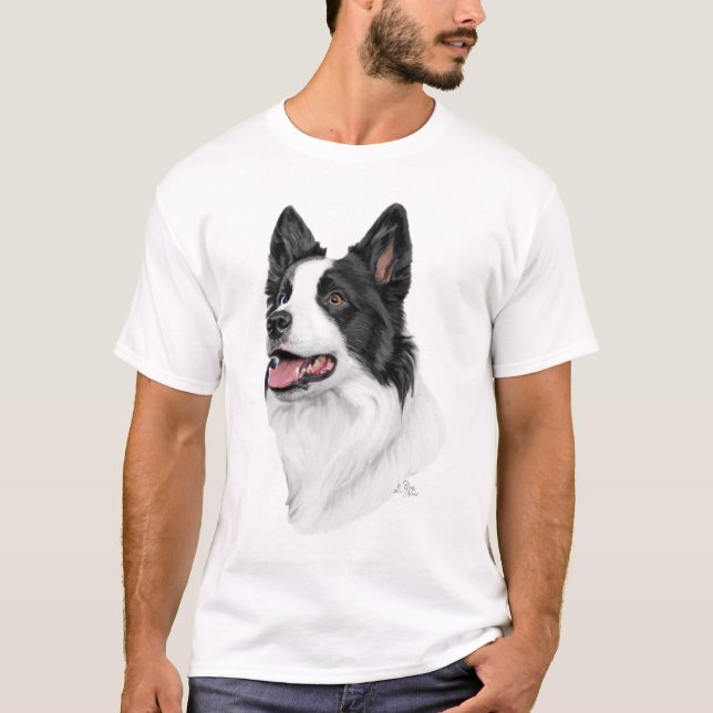 T-shirt principal preto e branco de border collie (Frente)