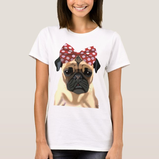 T-shirt Pug com Arco vermelho na cabeça 2 (Frente)