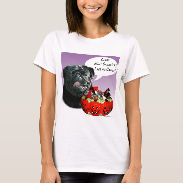 T-shirt Pug (preto) Halloween Candy (Frente)