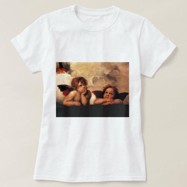 T-shirt Querubins Sistine Madonna de Raphael 2 anjos (Frente do Design)