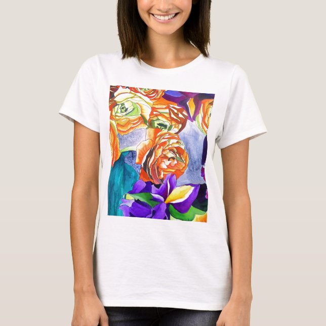 T-shirt Ranunculus e Iris watercolor art (Frente)