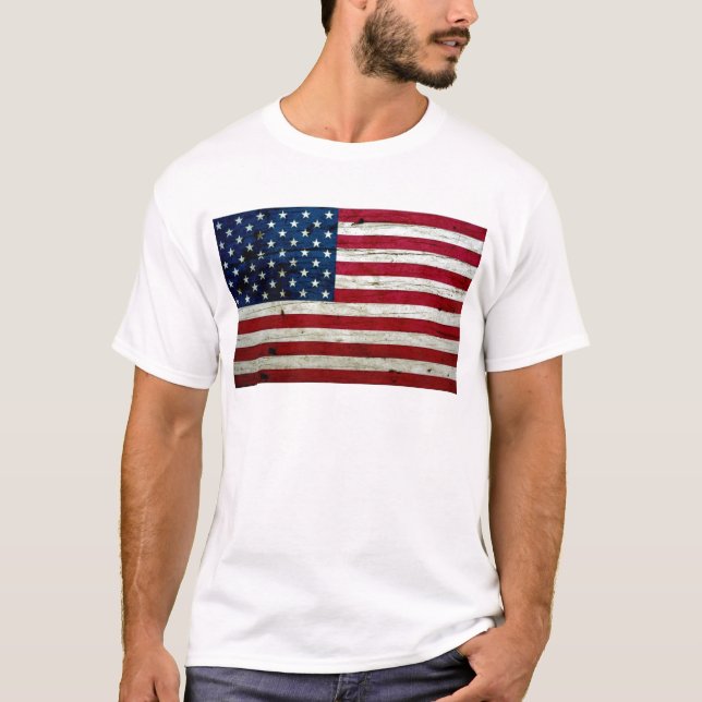 T-shirt Refrigere a madeira afligida da bandeira americana (Frente)