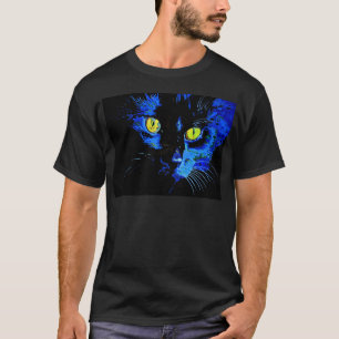 T-shirt Retrato Artístico De Gato Negro Com Amarelo Em Gre